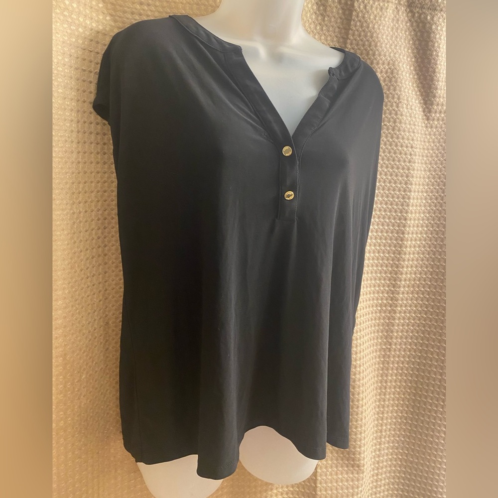 Anne Klein Women’s Capped Sleeve Split Neck Black Top w/Decorative Buttons